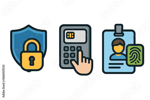 Security icon set for protection, access control, identification. Vector concept of password, biometric fingerprint, privacy shield, 2fa, authentication, id card, safety.