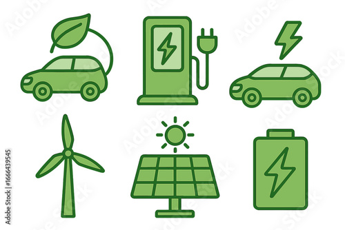 Set of green transportation icons for eco friendly mobility. Electric car, EV charging station, solar panel, wind turbine. Renewable energy and sustainability concept vector.