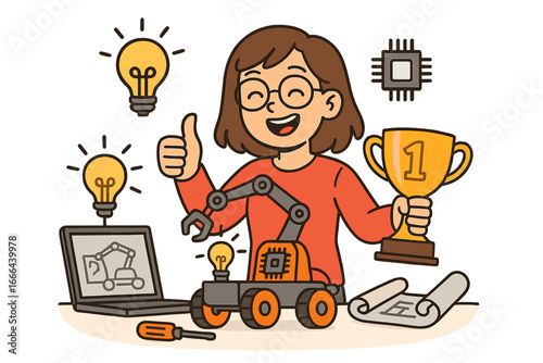 Girl wins robotics competition with innovative project. STEM education concept. Student with trophy and robot. Engineering, technology, coding and success cartoon vector.