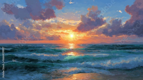 Vibrant ocean sunset with dramatic clouds. AI image