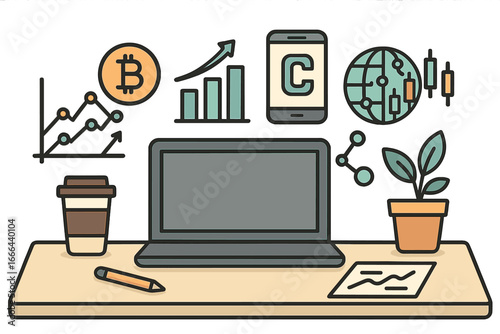 Cryptocurrency trading and digital finance concept. FinTech workspace with laptop, bitcoin, and stock market data graphs. Block chain technology and investment vector icons.