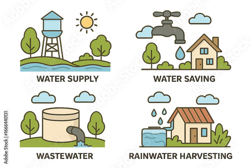 Water management icon set for supply, saving, and conservation. Wastewater treatment, rainwater harvesting, and eco-friendly sustainable systems. Vector infographic collection.
