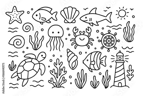 Set of marine life and ocean elements in a cute doodle line art style. Vector cartoon collection with fish, shark, turtle, crab, jellyfish, shell, and lighthouse icons.