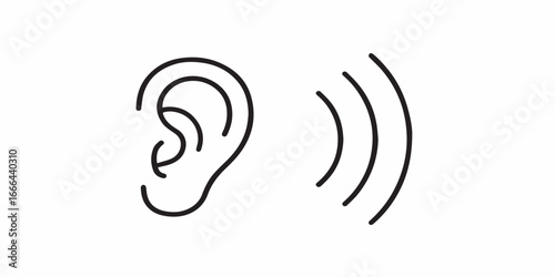 Print   Ear sound hear icon, listen sound sign symbol vector simple pictogram graphic illustration set, stroke line outline deafness noise logo shape silhouette image clip art