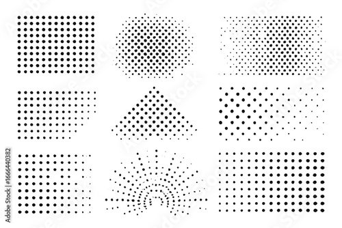 Set of black halftone dot patterns. Collection of geometric shapes for texture and gradients. Abstract vector design elements for pop art, comics, and graphic backgrounds.