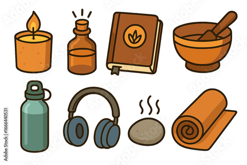 Wellness and self-care icon set for relaxation, mindfulness, and meditation. Vector cartoon illustration of yoga, spa, and aromatherapy items for a healthy lifestyle.