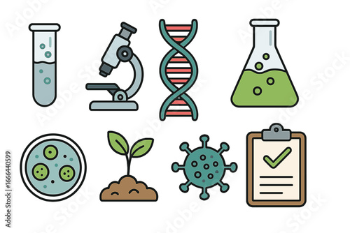Science and biology research icon set. Laboratory equipment for chemistry, medicine and biotechnology. Vector icons of microscope, DNA, virus, test tube, and petri dish.