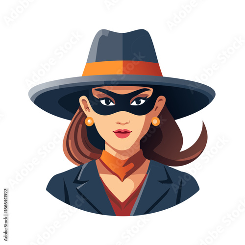 Cartoon Illustration Woman in Disguise Mask and Hat Wearing Suit