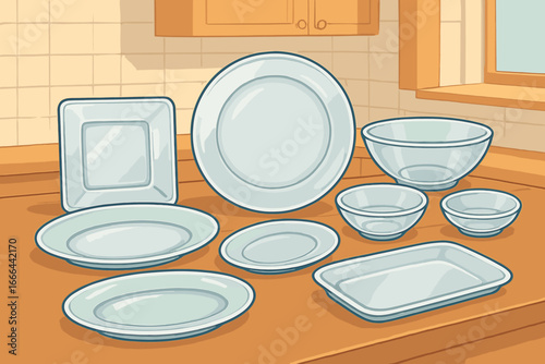 Glass dishware set with plates and bowls. Vector tableware collection. Empty clear glass plate, bowl, platter assortment on a kitchen counter. Cartoon kitchenware for dining.