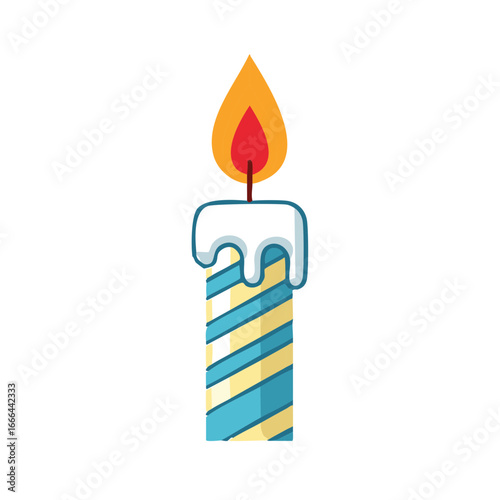 Burning Striped Birthday Candle with Dripping Wax and Orange Flame Decoration