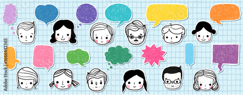 Cute hand drawn vector faces and doodle speech bubbles, fun people illustrations and empty text dialogs for graphic design