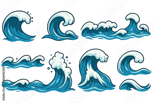 Set of ocean waves in Japanese style. Cartoon sea surf, storm tsunami vector illustration. Water splash and foam graphic elements collection. Isolated on white background.