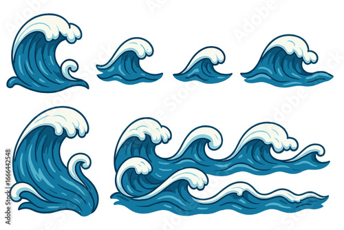 Set of ocean waves in Japanese cartoon style. Collection of water splashes and sea surf. Vector illustration for nature design elements. Isolated tide and storm tsunami graphics.