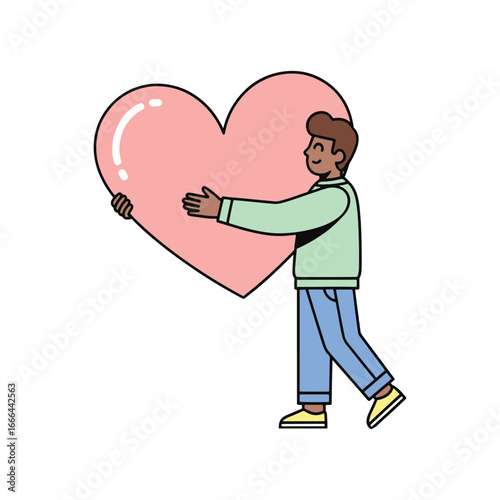 Man embraces a big heart, perfect for love and care concepts vector