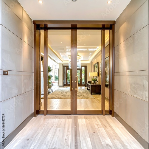 Elegant double doors with glass panels lead to a spacious entryway, showcasing a sophisticated interior design.
