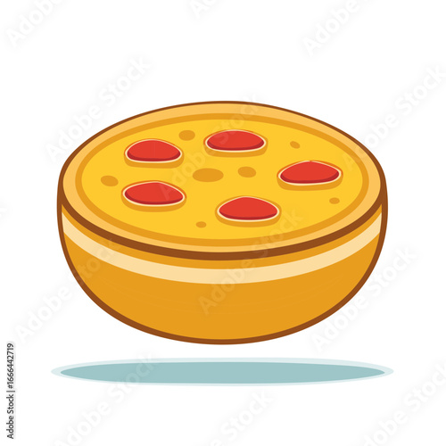Cartoon style pizza with cheese and pepperoni, pizza pie with sauce in a dish isolated.