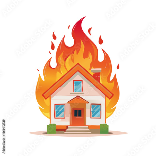 Detached House Engulfed in Flames Cartoon Style Red Orange Fire Hazard