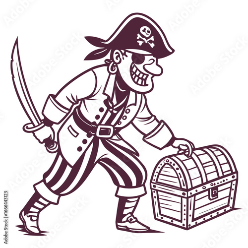 Vector art of a cunning pirate guarding a treasure chest with a sword, , ready to protect his loot