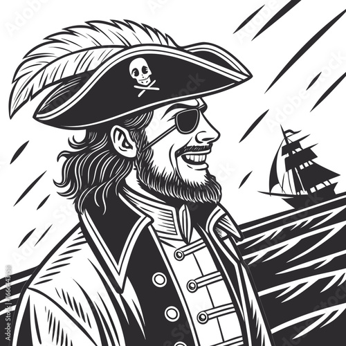 Vector art of a handsome pirate captain with an eye patch and a feathered hat smiles as his ship sails on the open sea in black and white