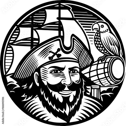 Vector art of a pirate captain with a parrot and a ship in the background, ready for an adventure on the high seas in a vintage style