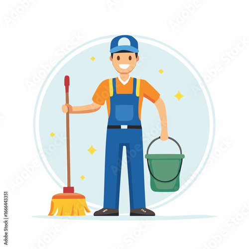 Smiling cartoon cleaner in overalls holding broom and bucket stands ready for tidying task