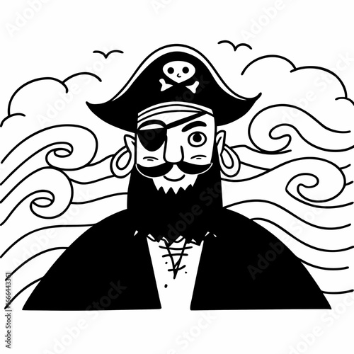 Vector art of cartoon pirate with eye patch, beard, and hat, sailing the seas in search of treasure and adventure