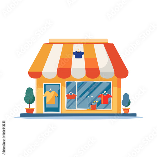 Charming Clothing Storefront with Colorful Striped Awning and Displayed Apparel Items in Shop Windows