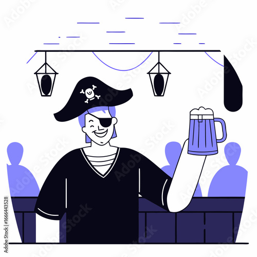 Vector art of pirate raising a mug of beer in a tavern with other people, illustration