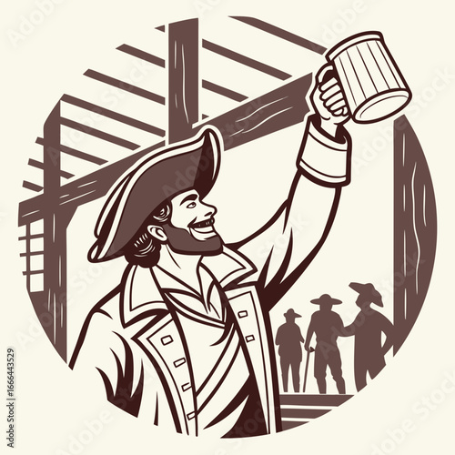 Vector art of pirate raising a mug of beer in a tavern with other people, vintage illustration