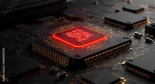 A powerful red glowing CPU with an intricate digital symbol on a dark futuristic circuit board.