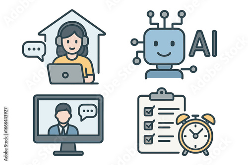 Modern work icon set with remote work from home, AI robot, video conference. Business productivity, organization and time management concepts. Technology vector cartoon.
