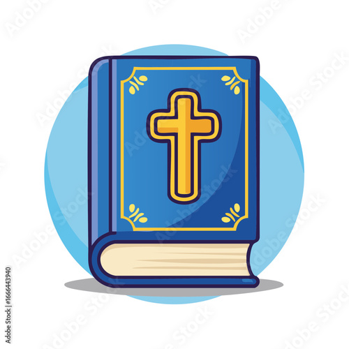 Cartoon bible illustration with blue cover and golden cross icon in vector format