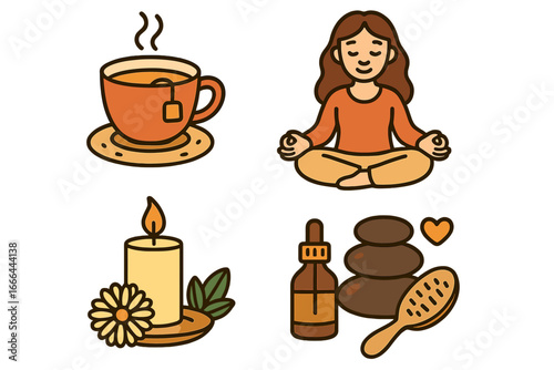 Relaxation and wellness icon set with meditating woman, hot tea, candle, and spa items. Vector cartoon for self-care, mindfulness, mental health, yoga, and aromatherapy.