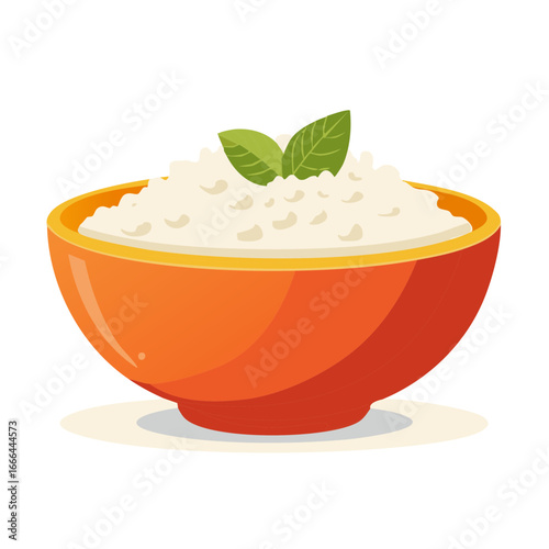 Cottage Cheese in Orange Bowl with Mint Garnish Simple Food Illustration
