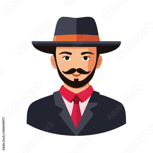 Man with mustache, beard and hat wearing business suit with tie, an illustration of cartoon man's head and shoulders