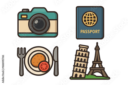 Travel icon set with camera, passport, food plate, and famous landmarks like Pisa Tower and Eiffel Tower. Vector illustration for tourism, vacation and journey concepts.