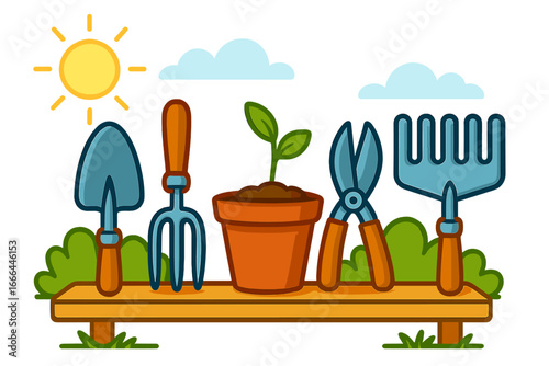 Gardening tools vector set. Garden equipment concept. Spring work and planting hobby. Trowel, fork, rake, secateurs, seedling in pot. Flat cartoon icon style illustration.