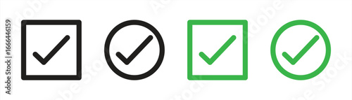 Checklist and Check Mark Icon Set – Tick Symbol in Square and Circle, Approval, Success, Validation, Task Completed, Green and Black Vector Illustration