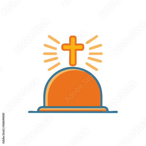 Orange Cross atop Dome with Radiating Rays Graphic on White Background