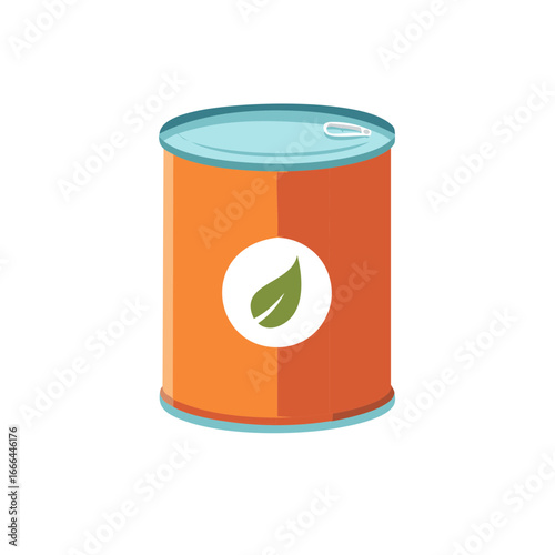 Canned food label with green leaf symbol promotes ecology, recycling, and sustainability.