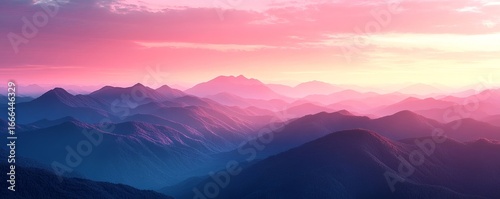 Create a dreamy image of stylized mountains with a soft pink sky, evoking a serene and peaceful atmosphere, Generative AI