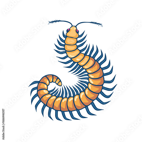 Cartoon Centipede Illustration with Orange Body and Blue Legs Curled on White Background