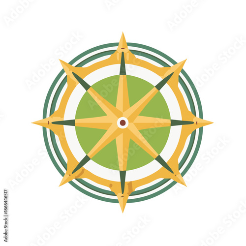 Stylized Compass Rose Design with Star Points and Circular Elements on Green Background