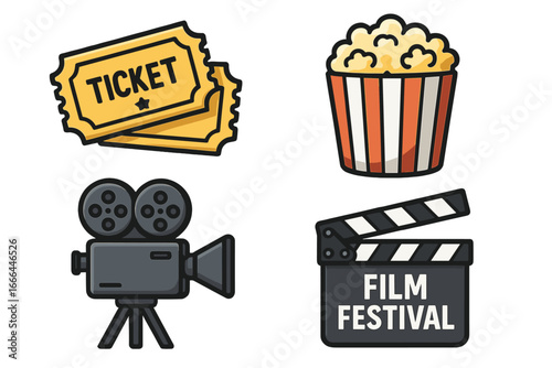 Film festival icon set. Cinema movie night elements collection with retro camera, clapperboard, popcorn and ticket. Vector cartoon illustration for entertainment design.