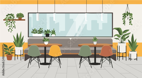 Modern cafe interior design featuring stylish furniture, comfortable seating, and abundant green houseplants for a cozy atmosphere