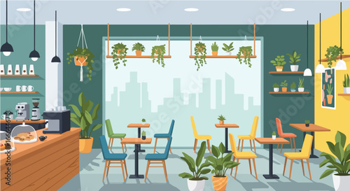 Cozy interior of a modern coffee shop with comfortable seating and abundant green plants. A bright and stylish cafe with a large window view of the city skyline
