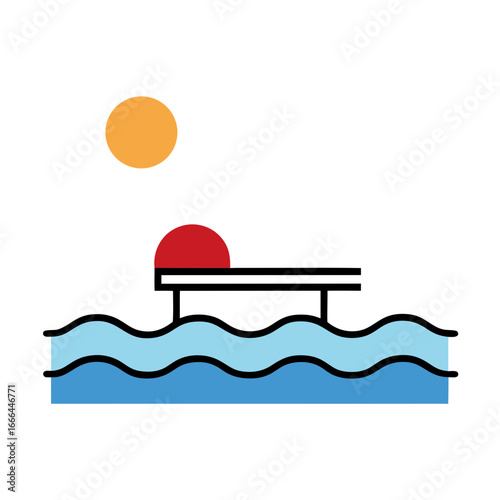 Vector art of diving board over water with sun and red ball