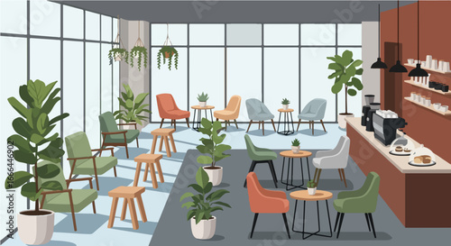 Modern coffee shop interior with stylish furniture, large panoramic windows, and lush green plants. Vector illustration of a cozy and empty cafe lounge