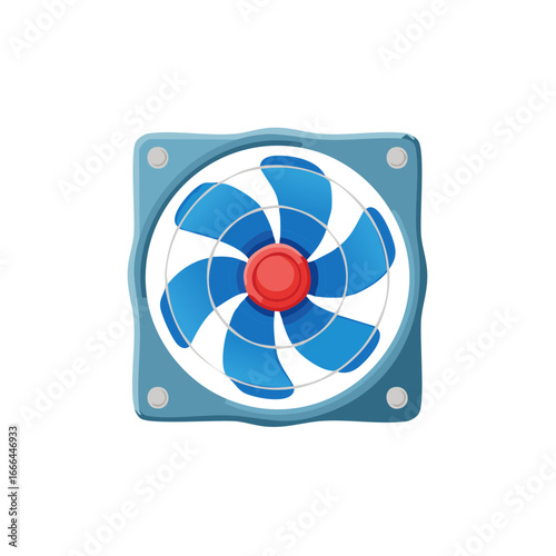 Square computer fan with blue blades and red center, cooling technology components, engineering object on white background