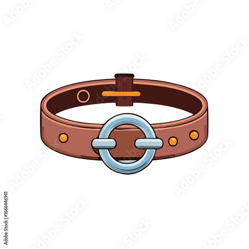 Cartoon illustration of brown leather collar with metal buckle for pets or animals